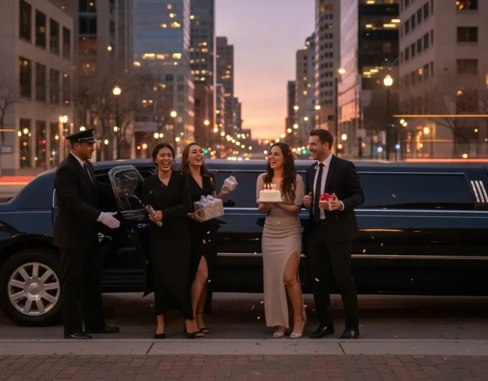 Luxury black stretch limousine with a chauffeur welcoming a birthday group in downtown Denver at dusk
