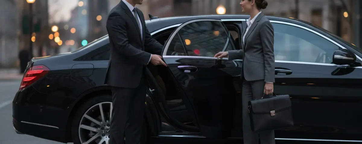 A chauffeur opening the door of a luxury sedan for a passenger in Denver