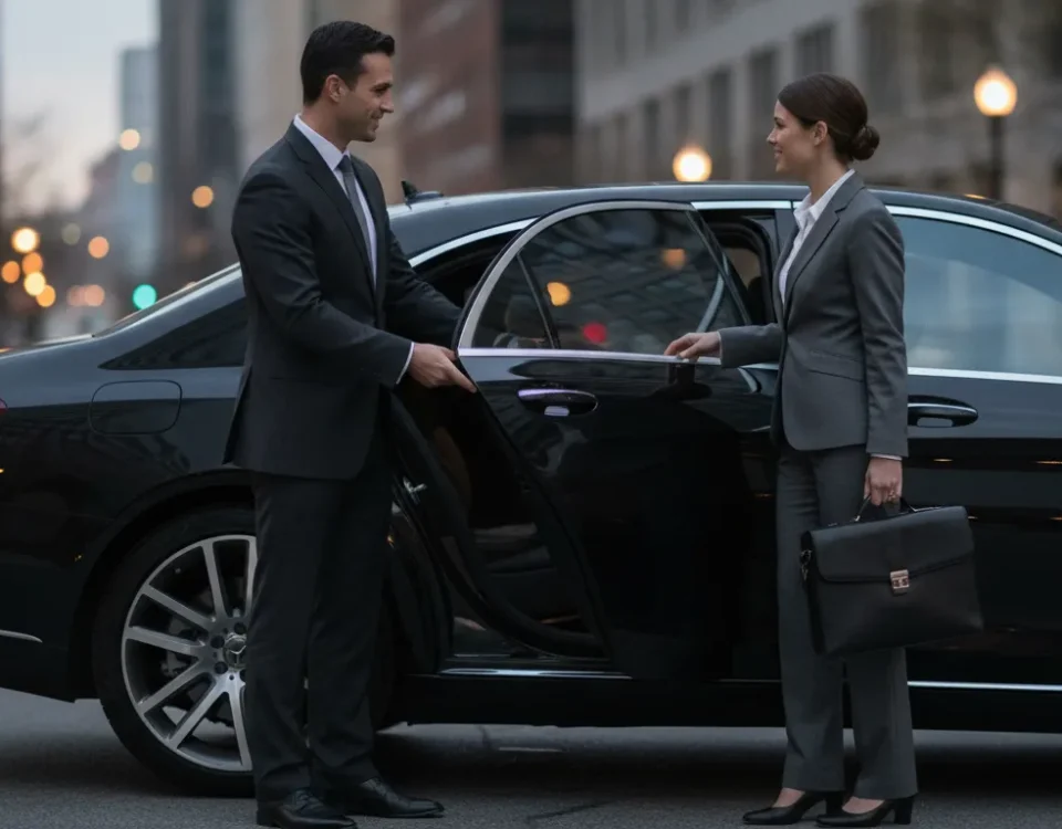 A chauffeur opening the door of a luxury sedan for a passenger in Denver