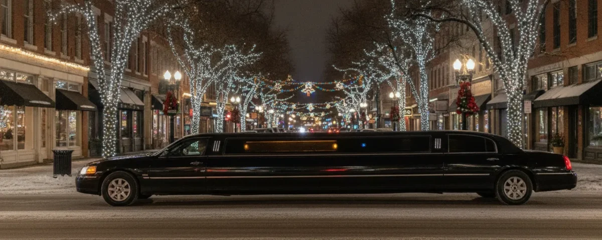 Black stretch limousine driving past glowing Christmas lights in Denver at night
