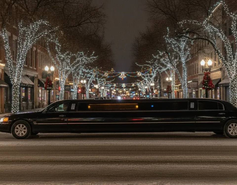 Black stretch limousine driving past glowing Christmas lights in Denver at night