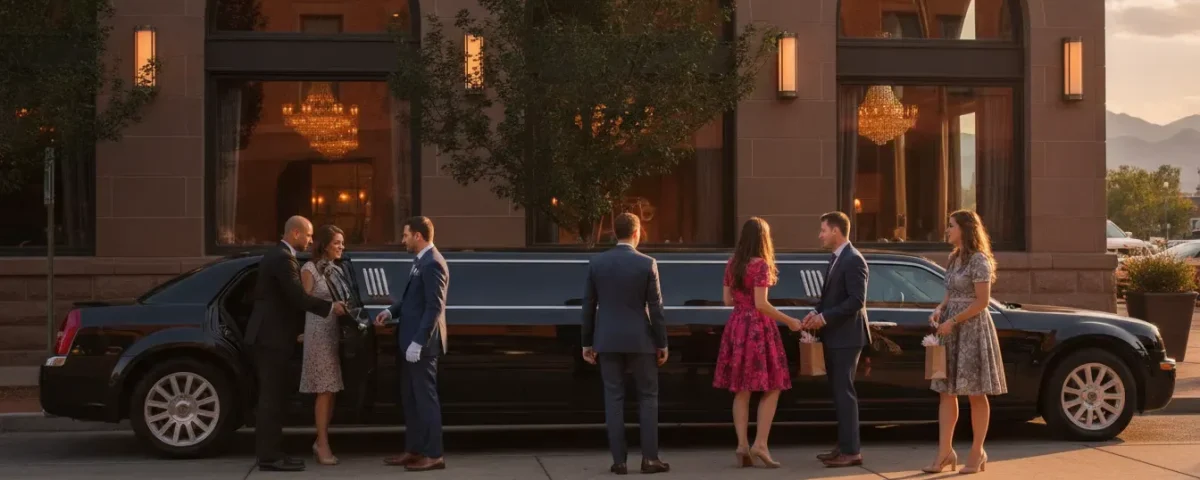 Denver rehearsal dinner transportation with a stretch limousine outside a downtown restaurant