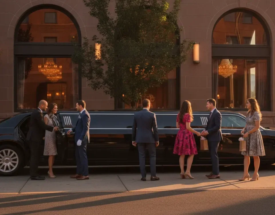 Denver rehearsal dinner transportation with a stretch limousine outside a downtown restaurant