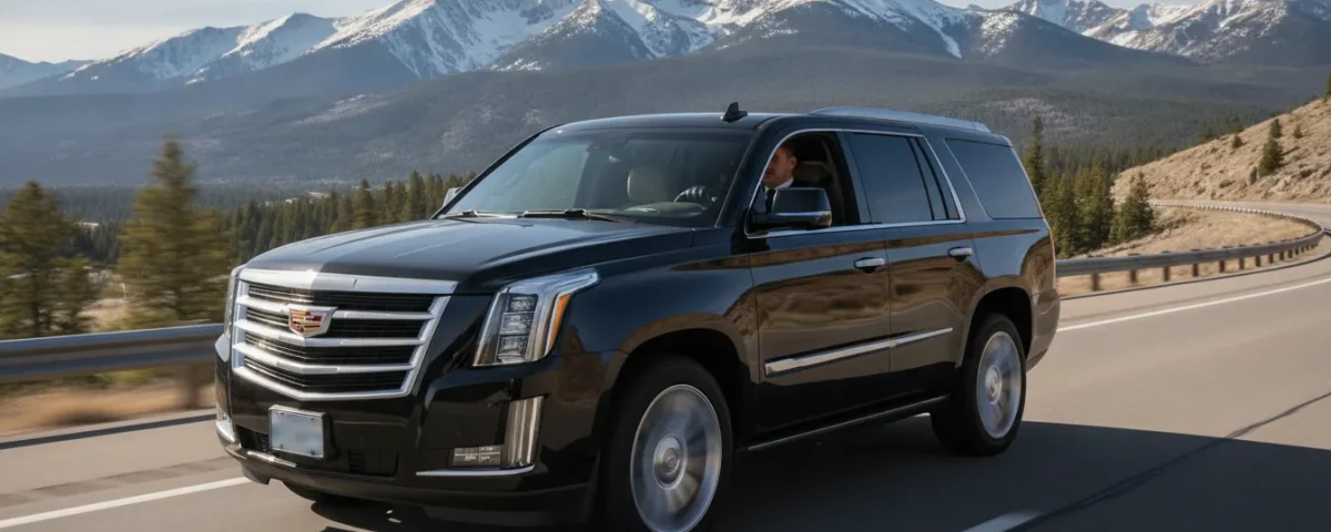 Luxury black SUV driving on a scenic Colorado highway with mountains