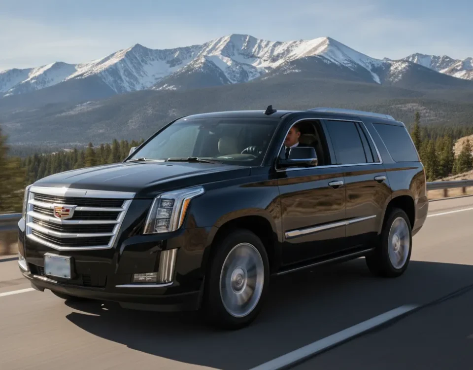 Luxury black SUV driving on a scenic Colorado highway with mountains