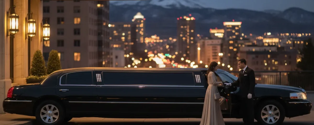A black stretch limousine with a professional chauffeur outside an upscale Denver venue