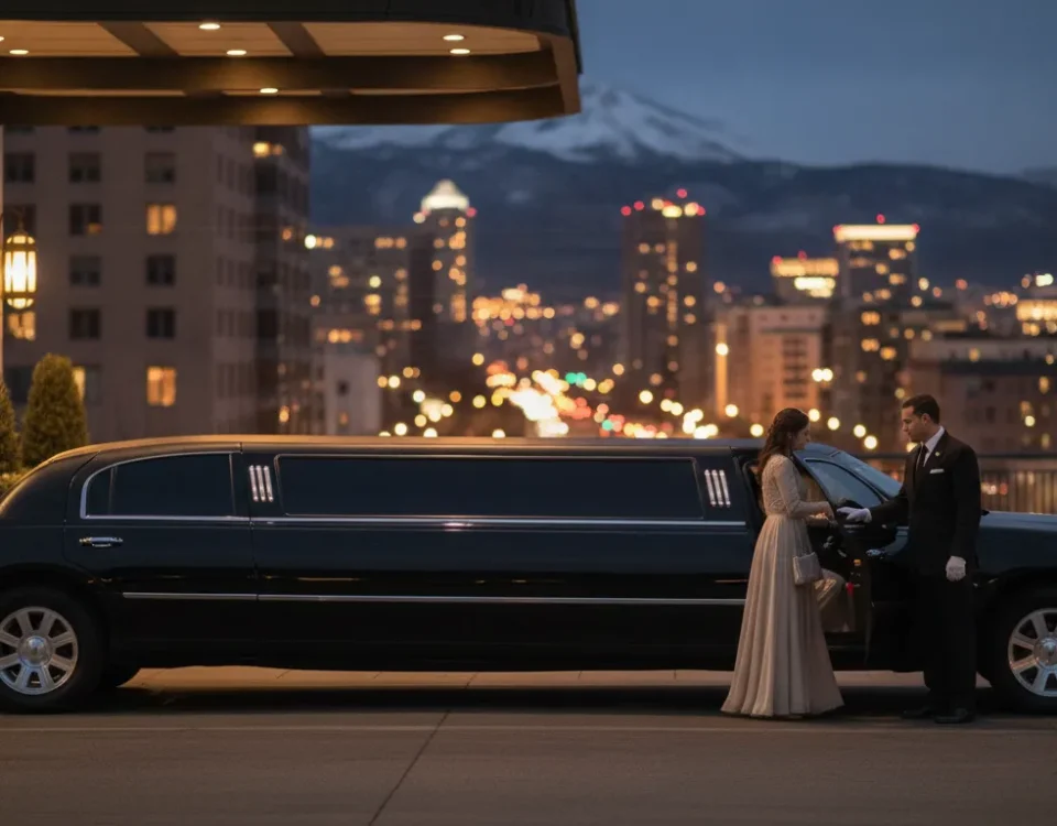A black stretch limousine with a professional chauffeur outside an upscale Denver venue