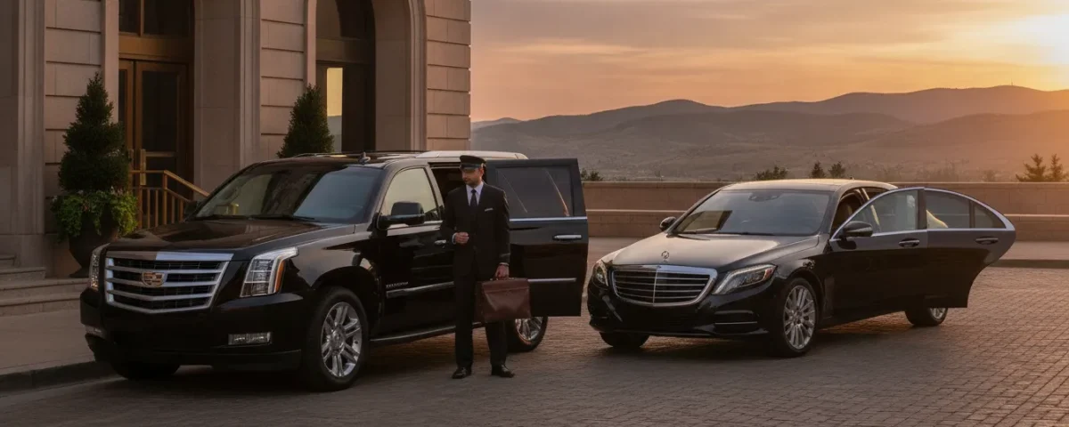 High end car service in Denver with a private chauffeur, luxury SUV, and executive sedan