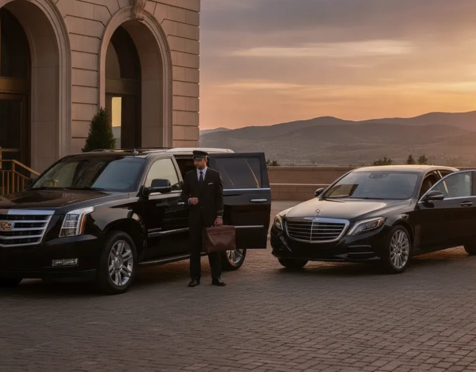 High end car service in Denver with a private chauffeur, luxury SUV, and executive sedan
