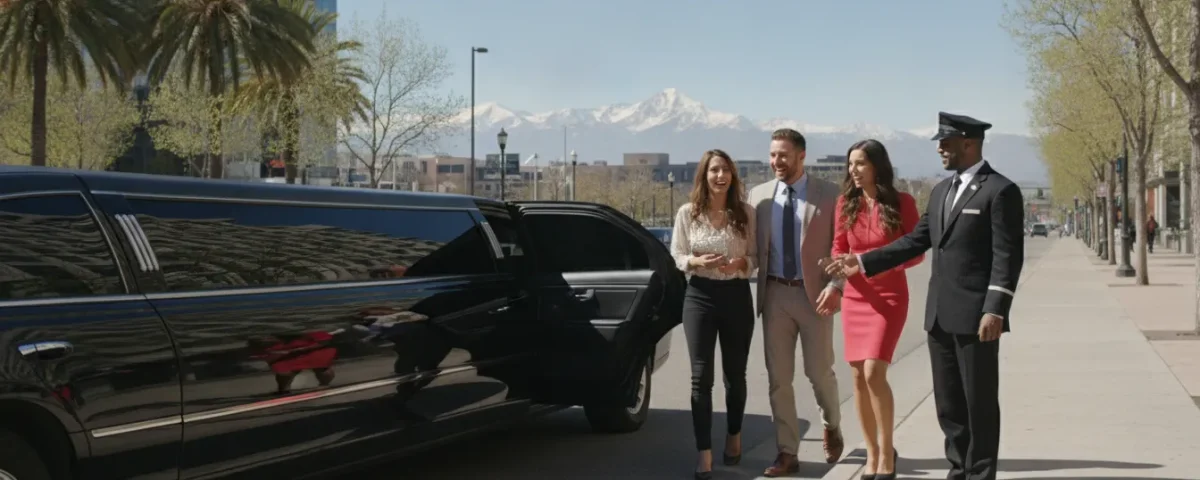 Black stretch limousine with chauffeur and passengers outside in Denver