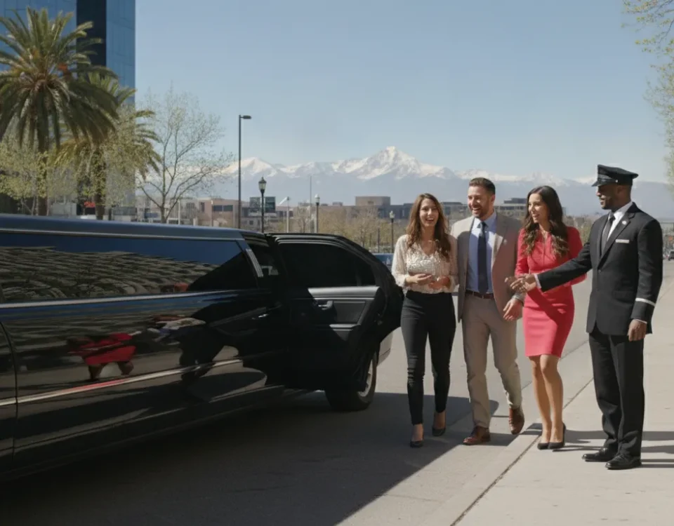Black stretch limousine with chauffeur and passengers outside in Denver