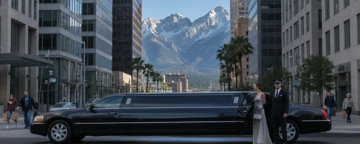 Elegant black stretch limousine parked outside a modern Denver building with mountains in the background and a professional chauffeur holding the door