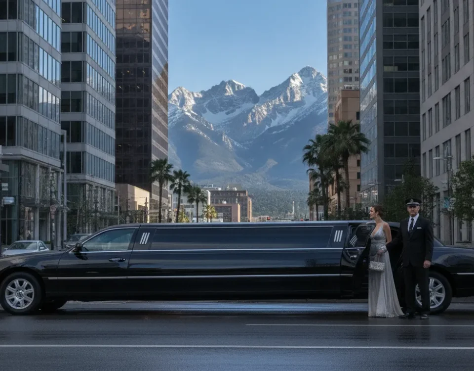 Elegant black stretch limousine parked outside a modern Denver building with mountains in the background and a professional chauffeur holding the door