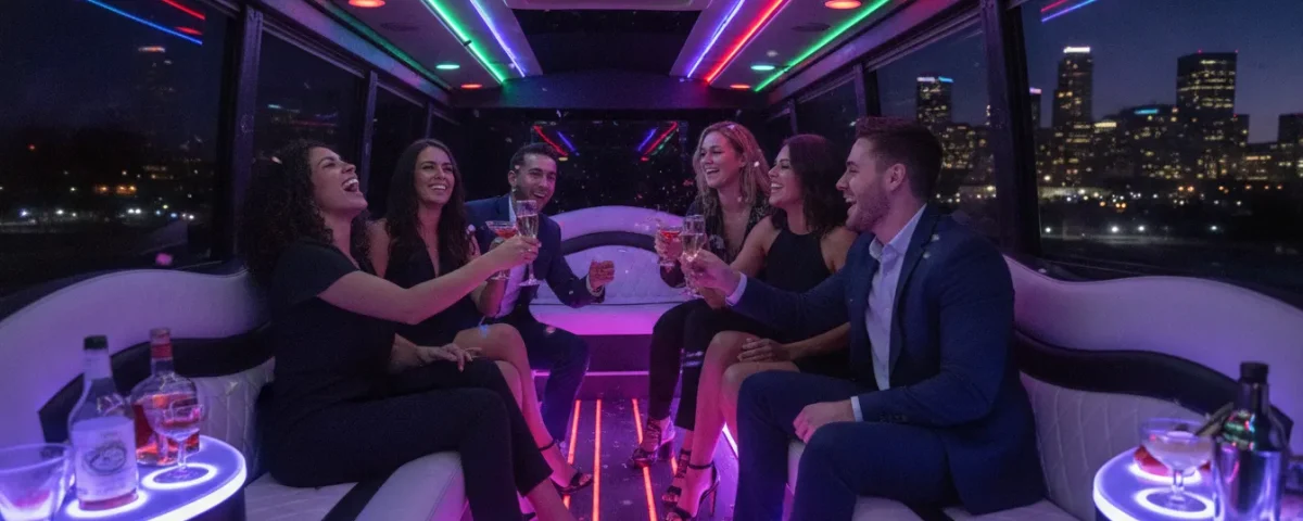 Friends celebrating inside a luxury party bus in Denver