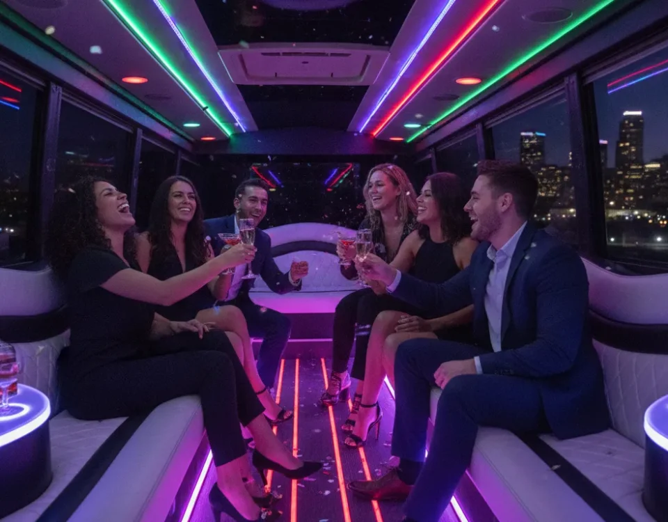 Friends celebrating inside a luxury party bus in Denver
