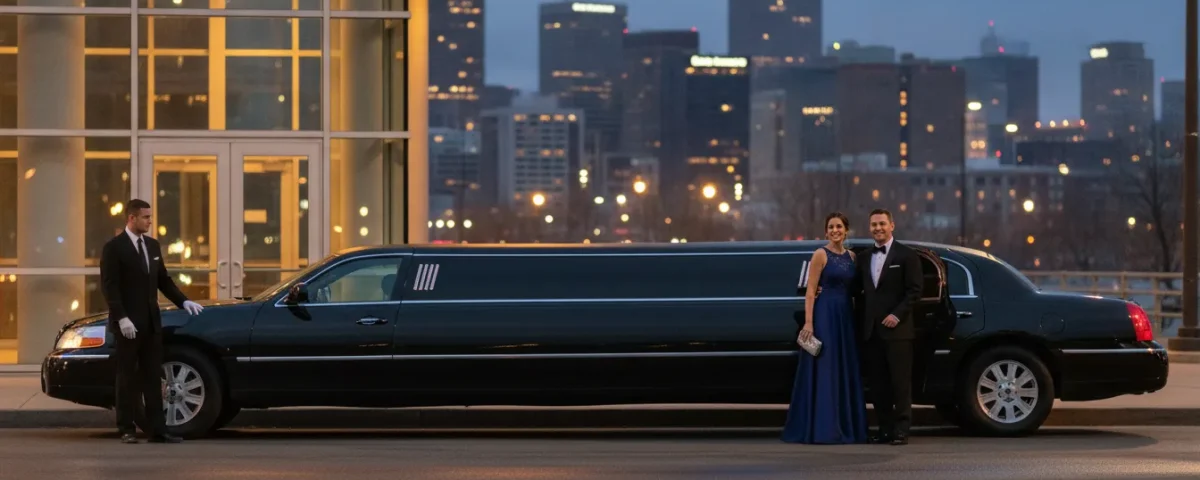 Black stretch limousine with chauffeur at a Denver event venue at dusk