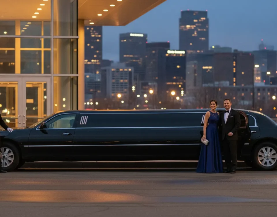 Black stretch limousine with chauffeur at a Denver event venue at dusk