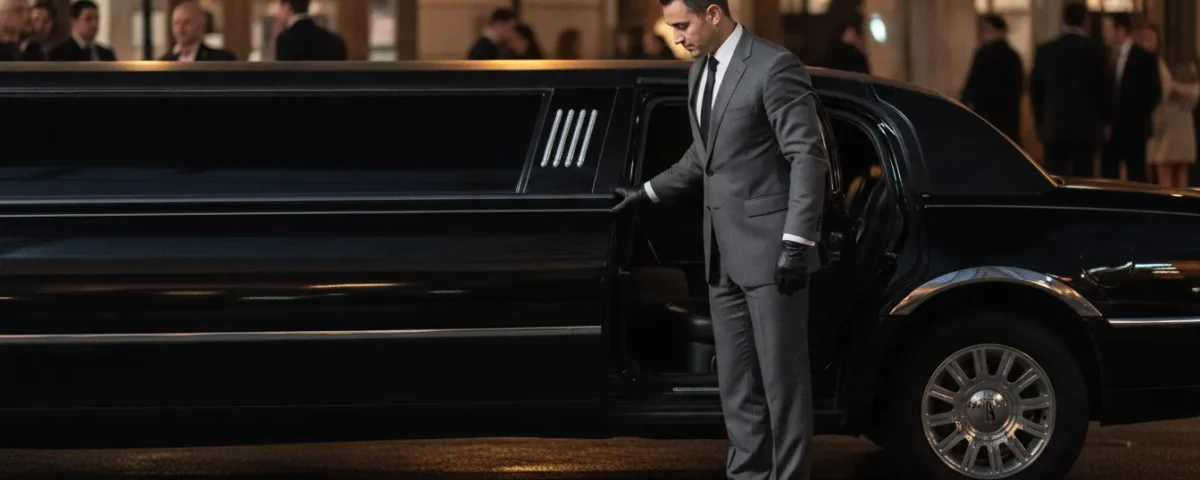 Professional chauffeur opening the door of a black stretch limousine for a passenger outside at night