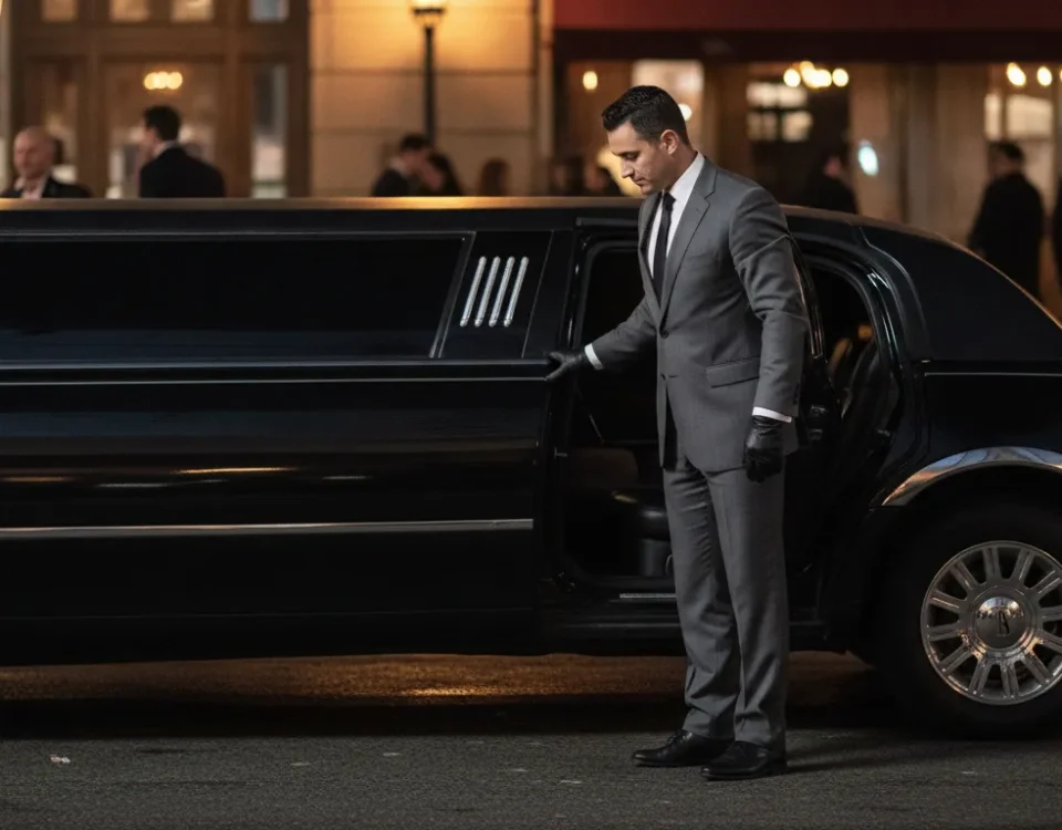 Professional chauffeur opening the door of a black stretch limousine for a passenger outside at night