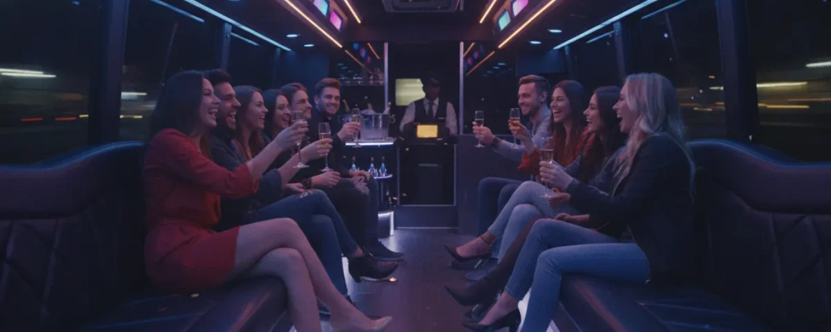 Group of friends celebrating inside a party bus with LED lighting and plush seating at night