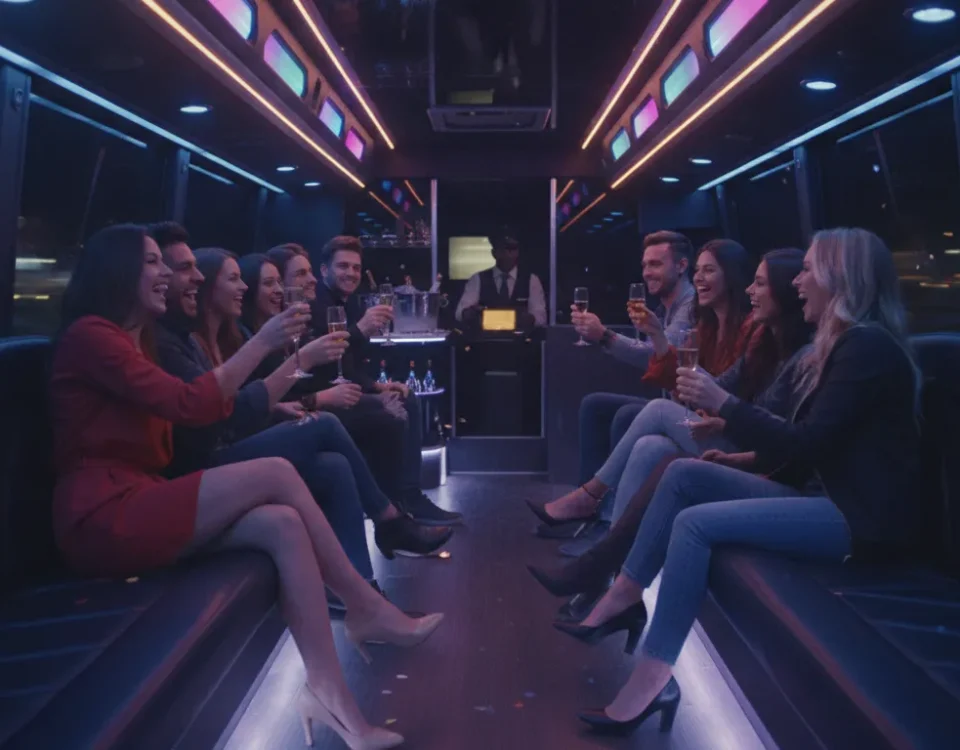 Group of friends celebrating inside a party bus with LED lighting and plush seating at night