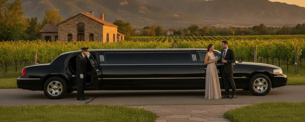 Luxury stretch limousine outside a Colorado winery at golden hour