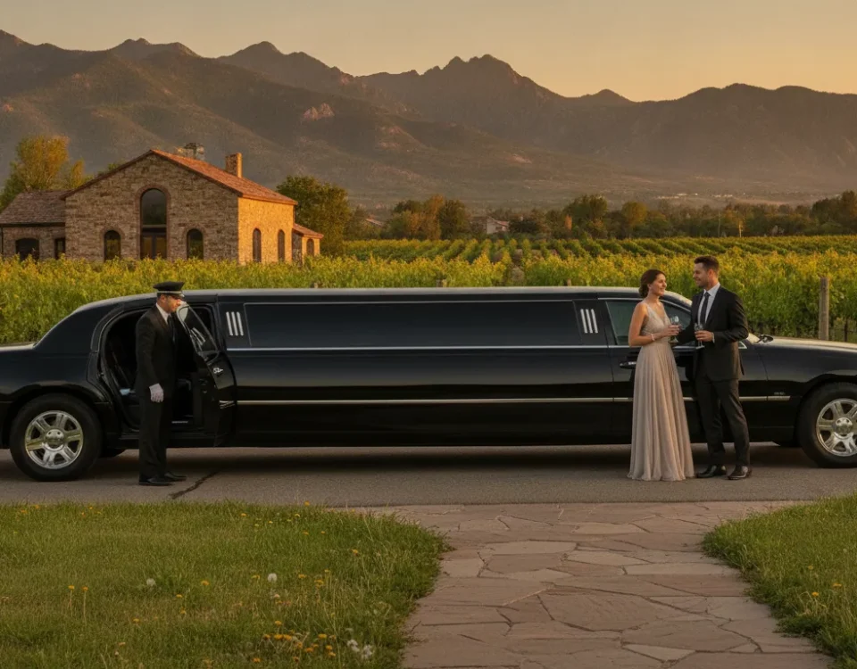 Luxury stretch limousine outside a Colorado winery at golden hour