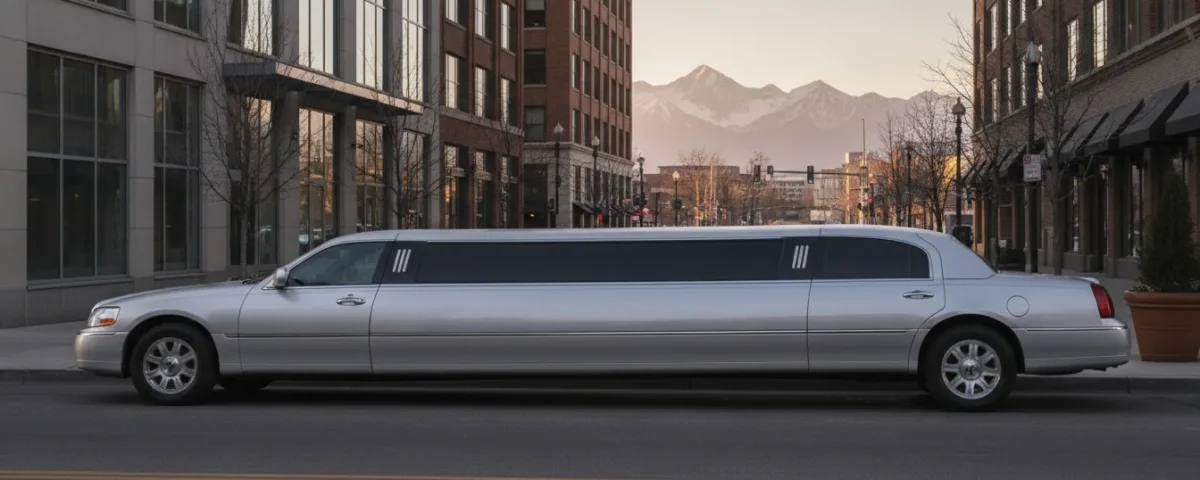 Silver stretch limousine parked in downtown Denver with the Rocky Mountains in the distance