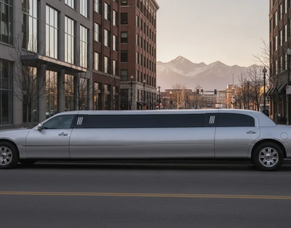 Silver stretch limousine parked in downtown Denver with the Rocky Mountains in the distance