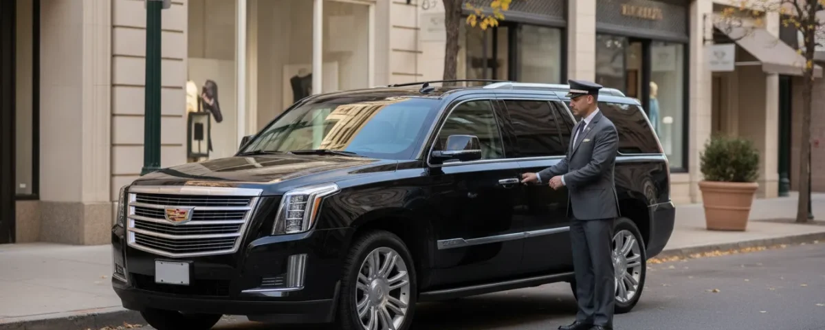 Luxury SUV with chauffeur near a Denver shopping district