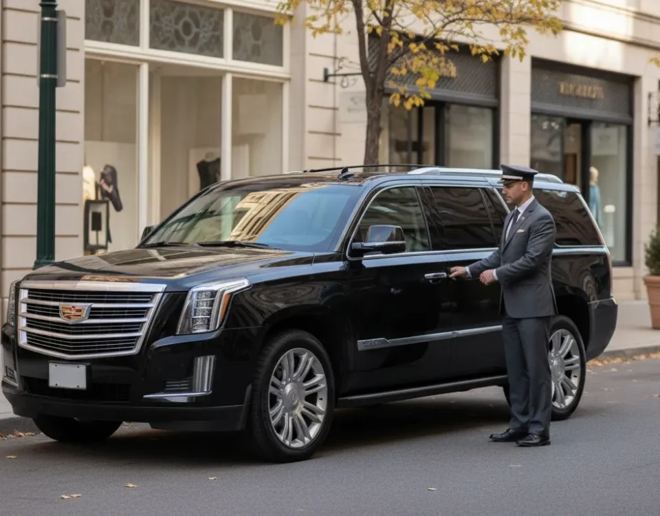 Luxury SUV with chauffeur near a Denver shopping district
