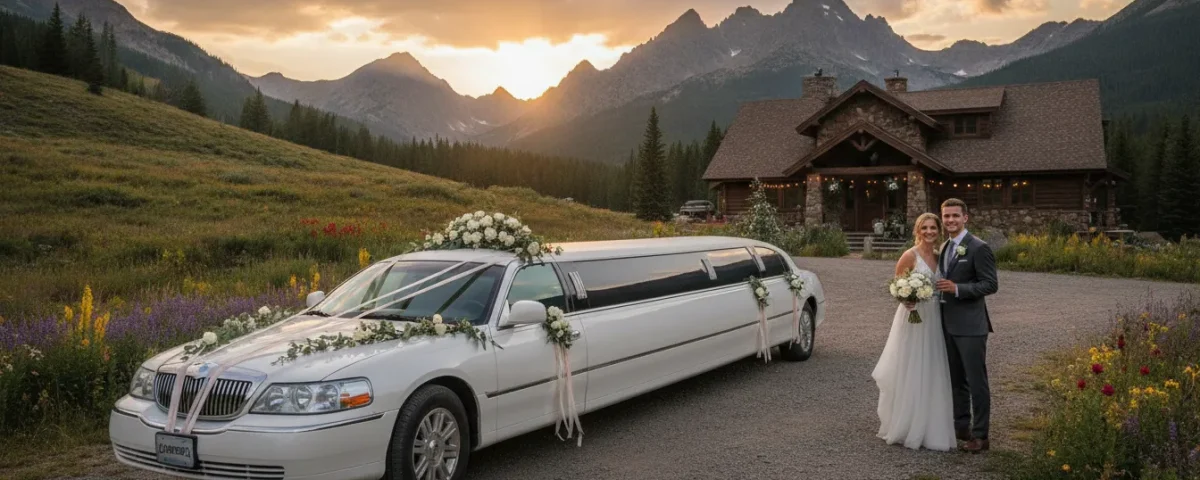 Luxury white stretch limousine at a Colorado mountain wedding venue at sunset
