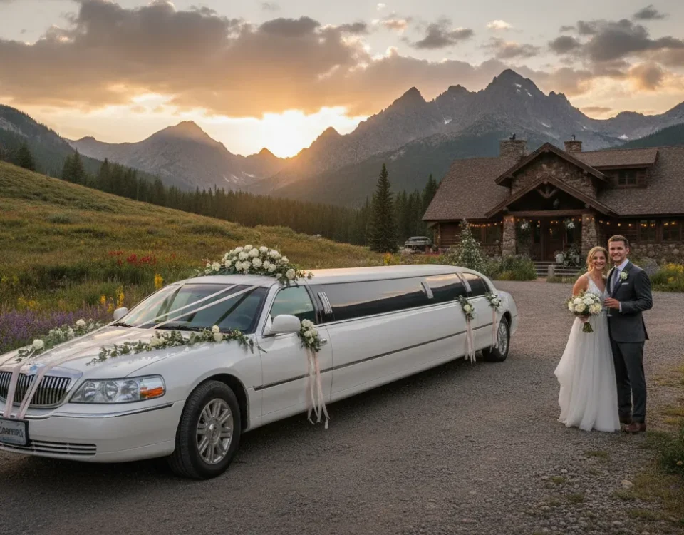 Luxury white stretch limousine at a Colorado mountain wedding venue at sunset