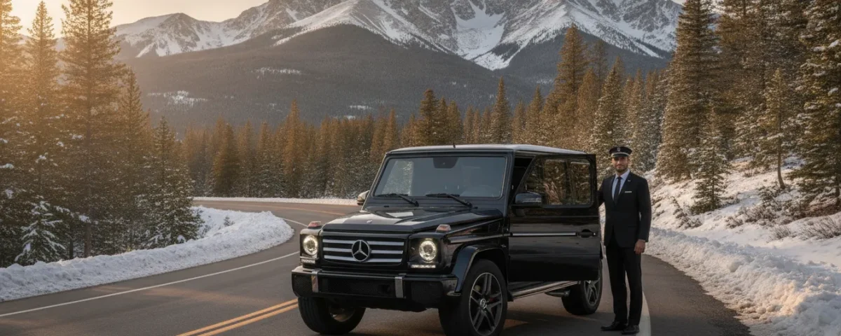 Private chauffeur and luxury SUV on a scenic Colorado mountain road