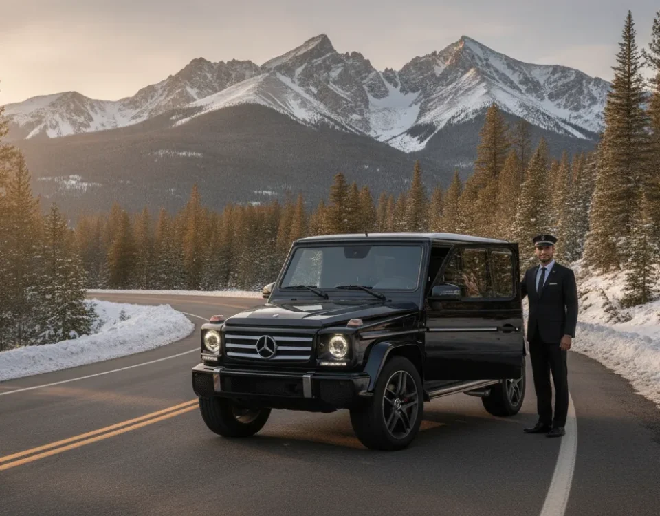 Private chauffeur and luxury SUV on a scenic Colorado mountain road