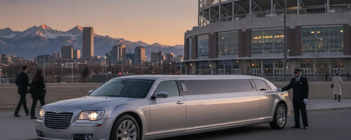 Silver stretch limousine and chauffeur outside a Denver sports venue at sunset