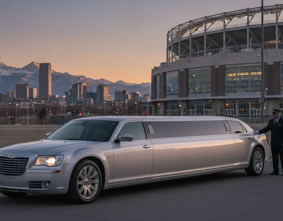 Silver stretch limousine and chauffeur outside a Denver sports venue at sunset