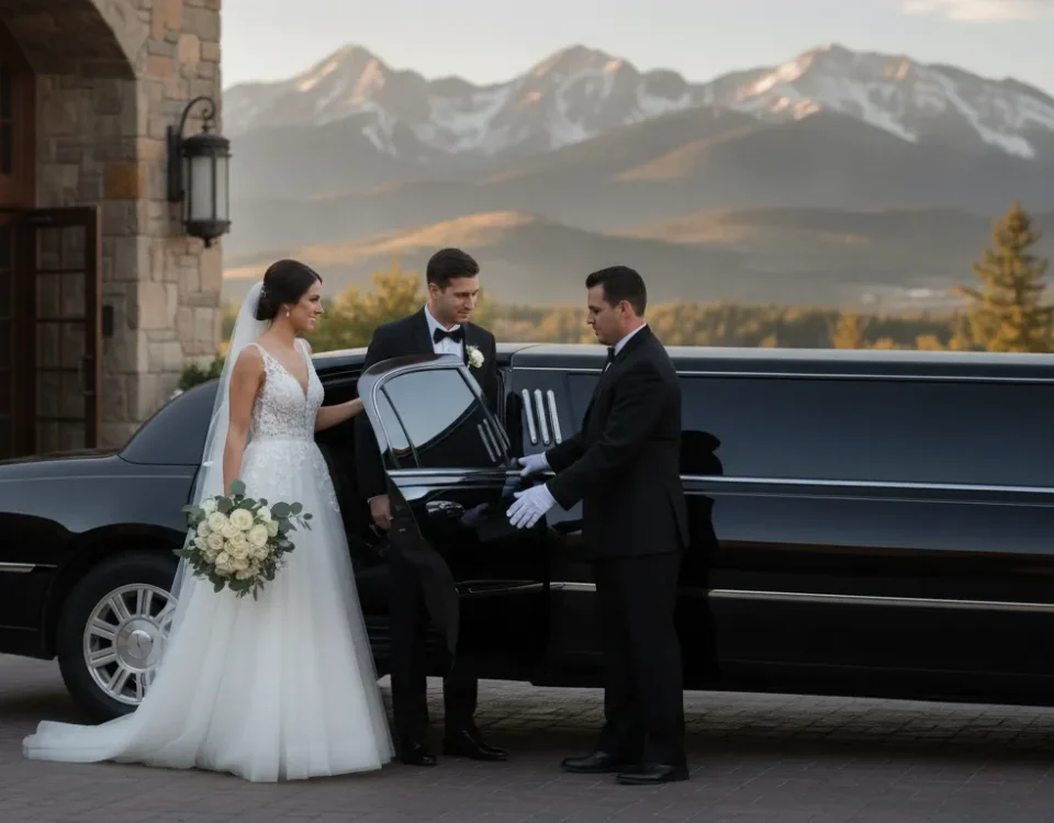 Wedding car with chauffeur welcoming a couple outside a Colorado venue