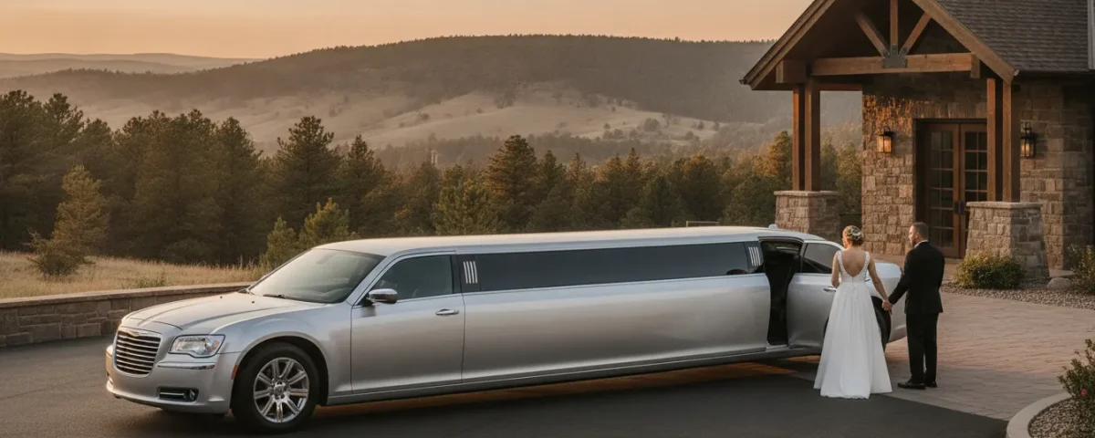 Silver wedding getaway car service limousine waiting outside a Colorado venue