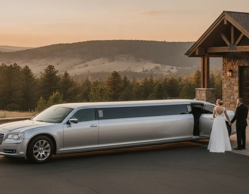 Silver wedding getaway car service limousine waiting outside a Colorado venue