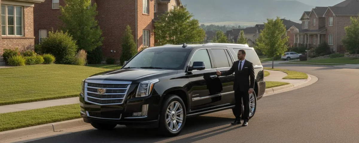 Westminster limo service with a luxury SUV arriving in a Colorado neighborhood