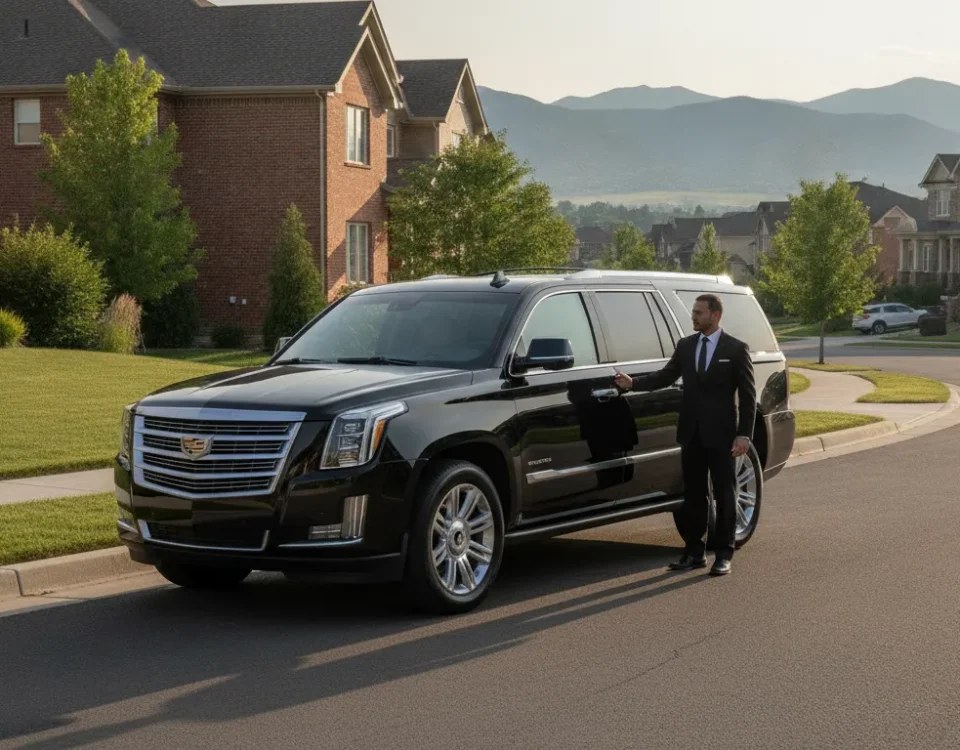 Westminster limo service with a luxury SUV arriving in a Colorado neighborhood