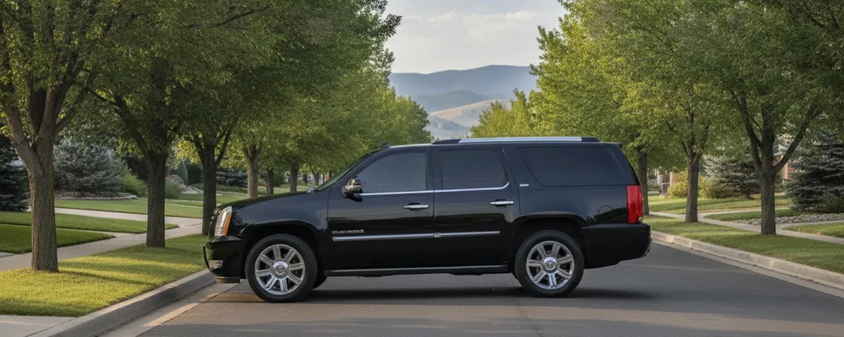 A black luxury SUV waiting for passengers on a tree-lined Arvada street