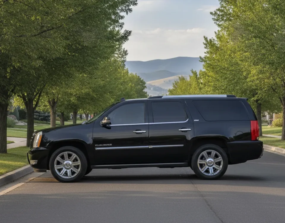 A black luxury SUV waiting for passengers on a tree-lined Arvada street