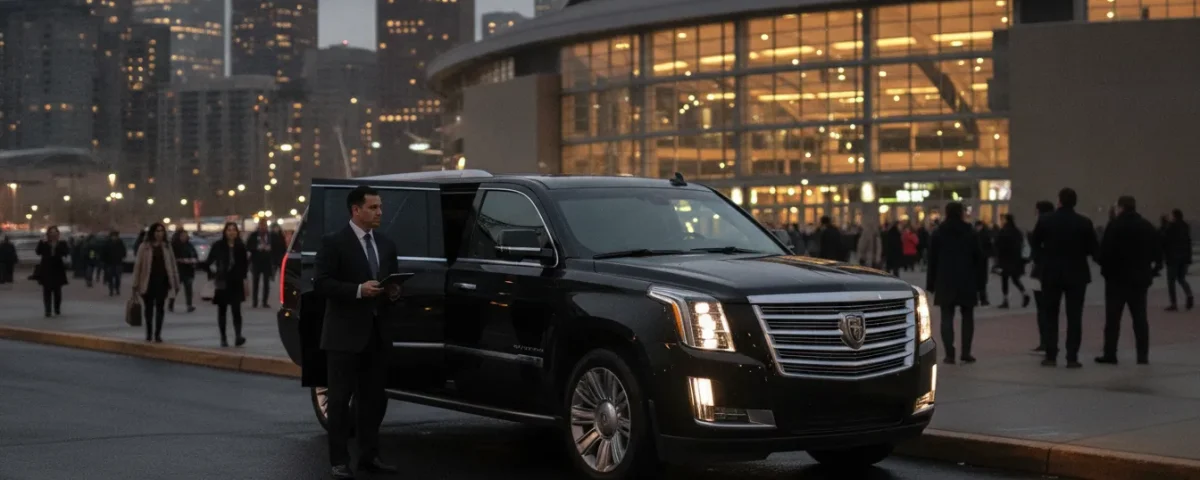 Black luxury SUV and chauffeur near Ball Arena in downtown Denver