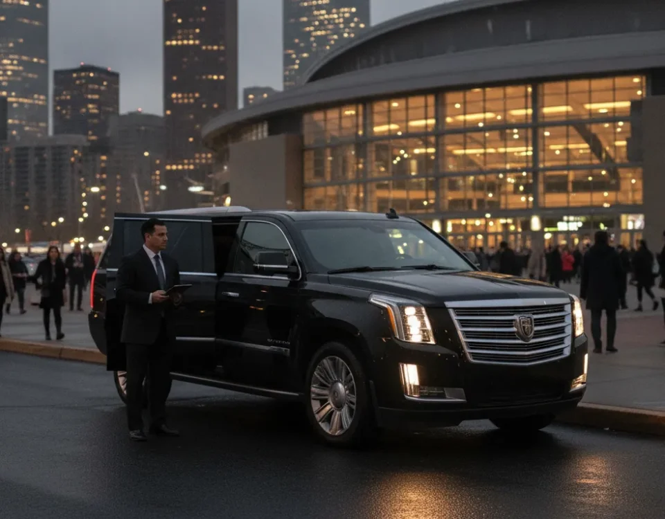 Black luxury SUV and chauffeur near Ball Arena in downtown Denver