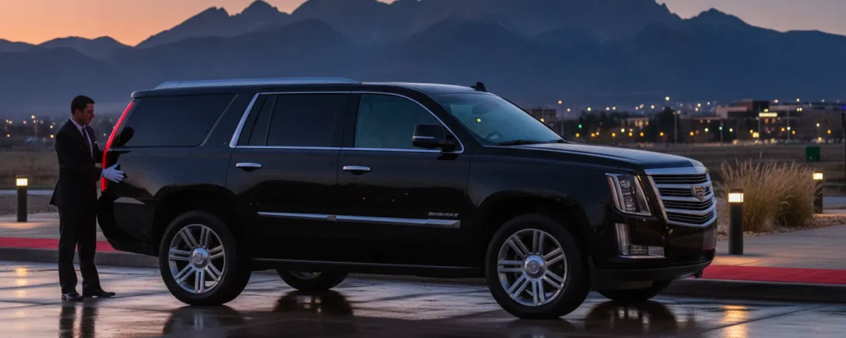 A black luxury SUV waiting outside a modern Broomfield venue at dusk