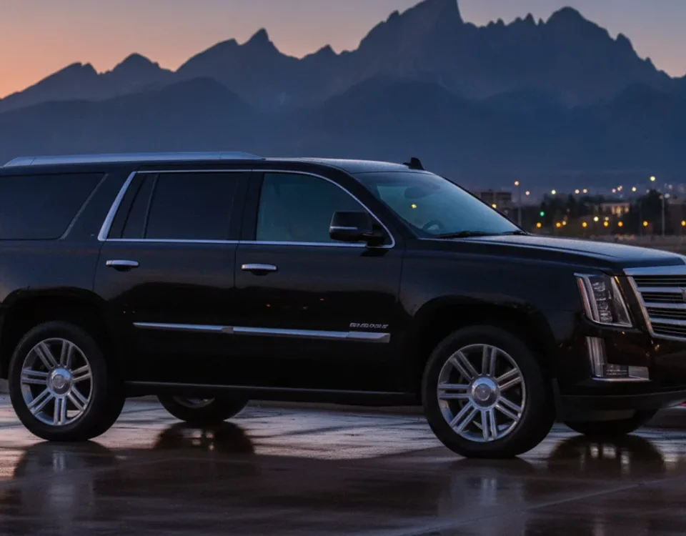 A black luxury SUV waiting outside a modern Broomfield venue at dusk