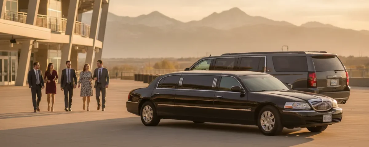 Luxury vehicles and a group arriving at a Colorado soccer stadium
