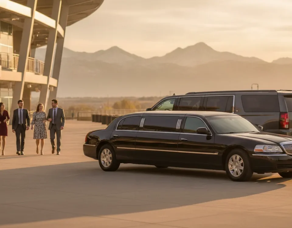 Luxury vehicles and a group arriving at a Colorado soccer stadium